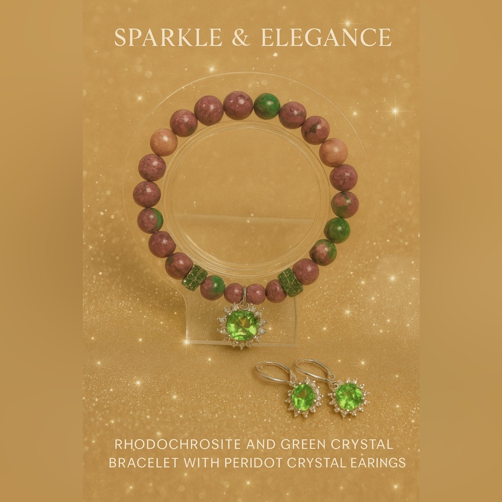 Rhodochrosite and Green Crystal Bracelet with Peridot Crystal Earrings
